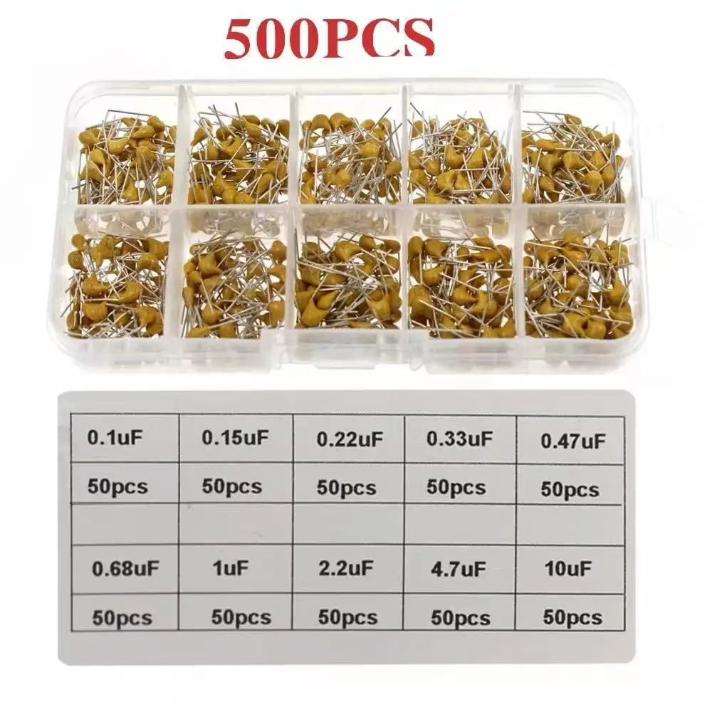 

500PCS 10 Types Monolithic Ceramic Capacitor Assortment Kit, 0.1μF~10μF, Including 154/224/334/474/105/475 DIP Capacitors