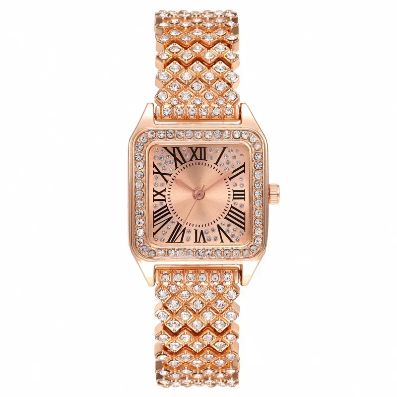 MAYZHISU Luxury Women\'s Watch Fashion Square Women Quartz Wristwatch Full Diamond Roman Scale Waterproof Watch Clock for Ladies