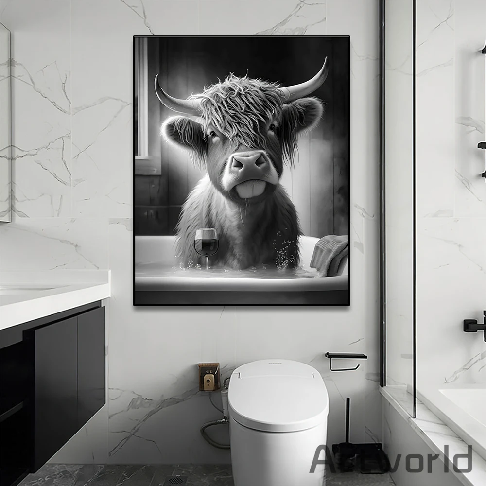 Funny Highland Cow Bath Canvas Wall Art Print Painting Black and White Cow Picture Animal Posters for Bathroom Home Decor