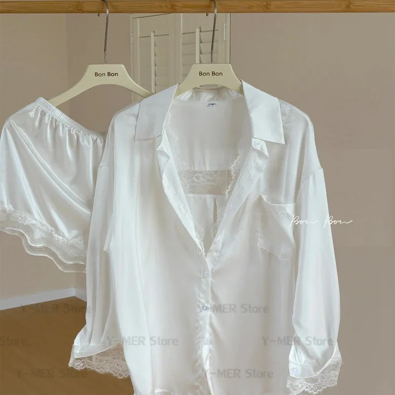 White Lapel Shirt Shorts 2Pcs Pajamas Female Satin Sleepwear Sexy Lace Trim Homewear Nightwear Summer New Loungewear Lingerie 2