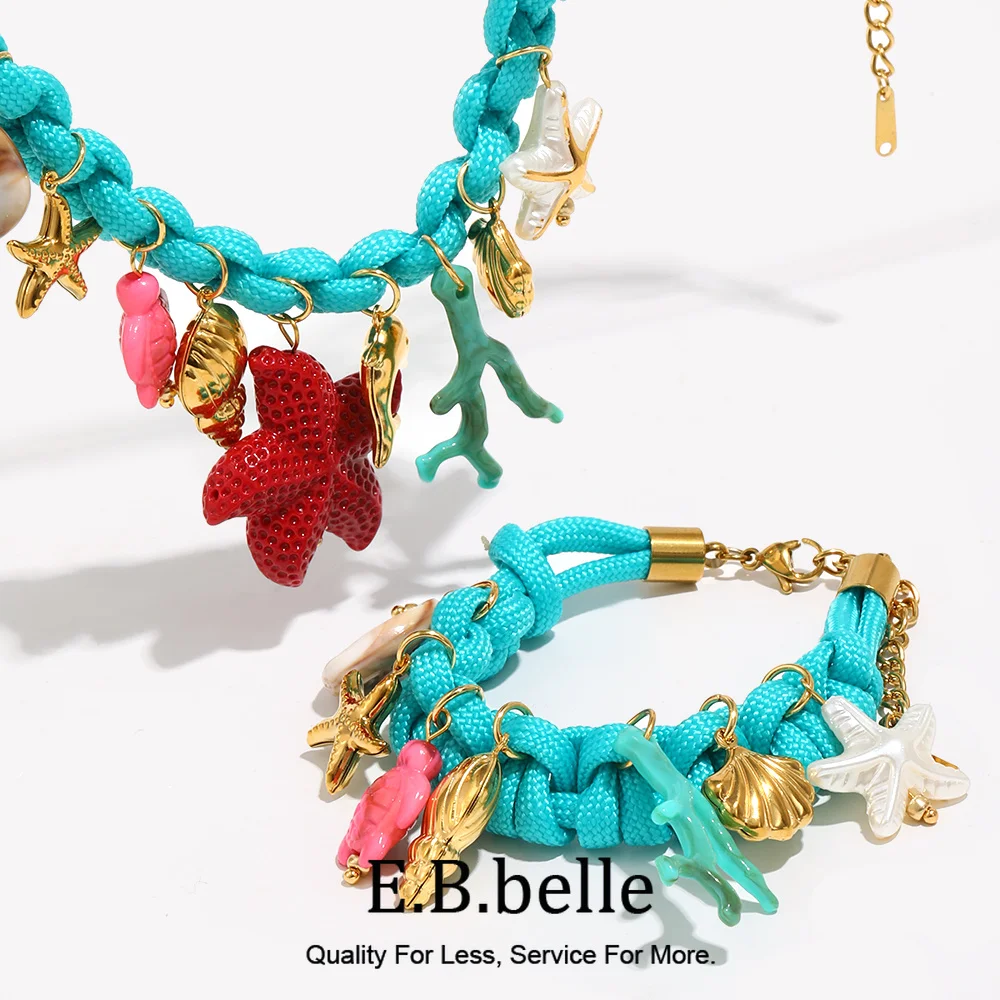 E.B.belle Bright Blue Woven Rope Marine Element Pendant Necklace And Bracelet Shell Conch Red Starfish Dolphin Jewelry Set