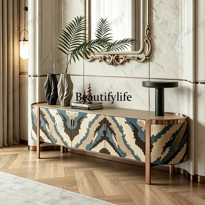 Italian light luxury TV cabinet art painting color matching silver pear wood decorative cabinet villa living room