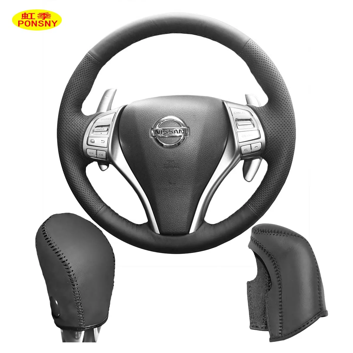 PONSNY Casing Penutup Kulit Asli Kemudi/Gear Mobil untuk Nissan Teana 2013 X-TRAIL 2014 Penutup Jahitan Tangan