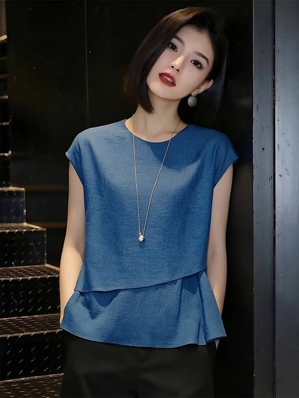 

Summer 2026 Beach Vacation round Neck Double Layer Splice Irregular Deep Blue Top Women's Loose Fit Short Sleeve T-shirt
