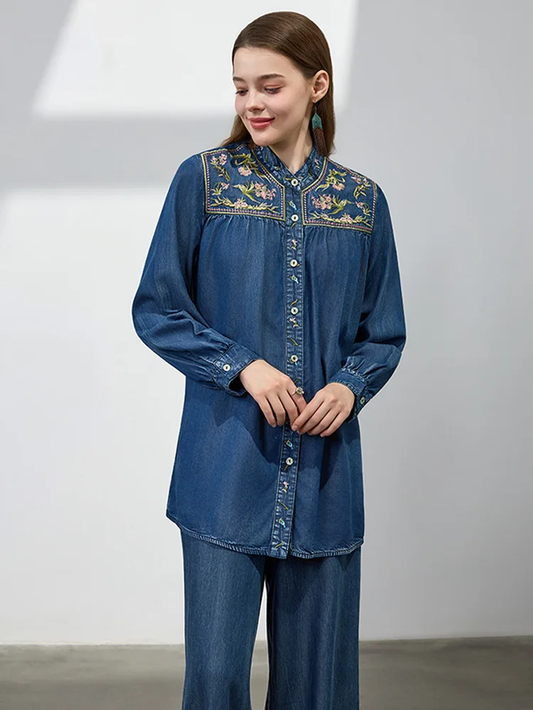 TIYIHAILEY Cotton Denim Women Full Sleeve Blouses Topsd Vintage Single Breasted Embroidery Shirts 2025 Spring Fashion Chinese