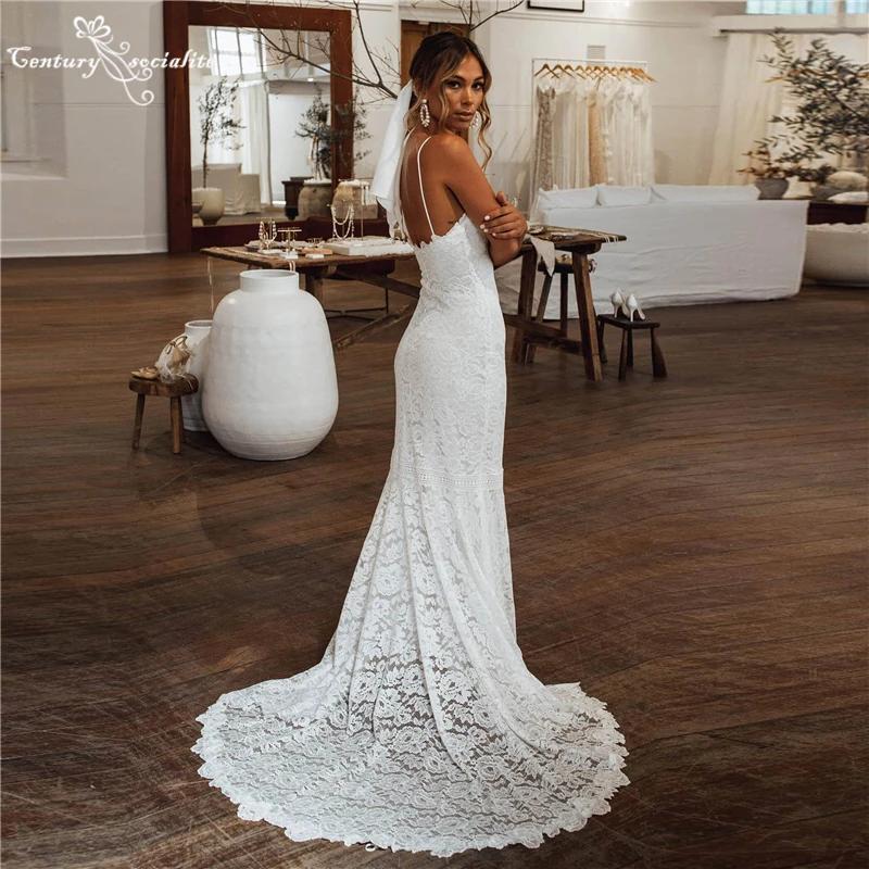 Sexy Wedding Dresses Mermaid Lace Spaghetti Straps Backless Sweep Train Rustic Boho Bridal Gowns for Women Bride Customized