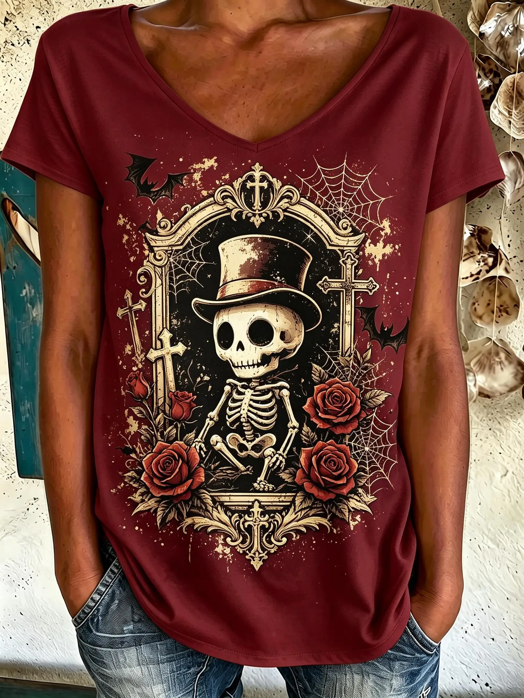 Women V‑Neck Short Sleeve T‑Shirt Halloween Graphic Print Tees Vintage Skeleton Rose Cute Ghost Pumpkin Bat Casual Loose Tops