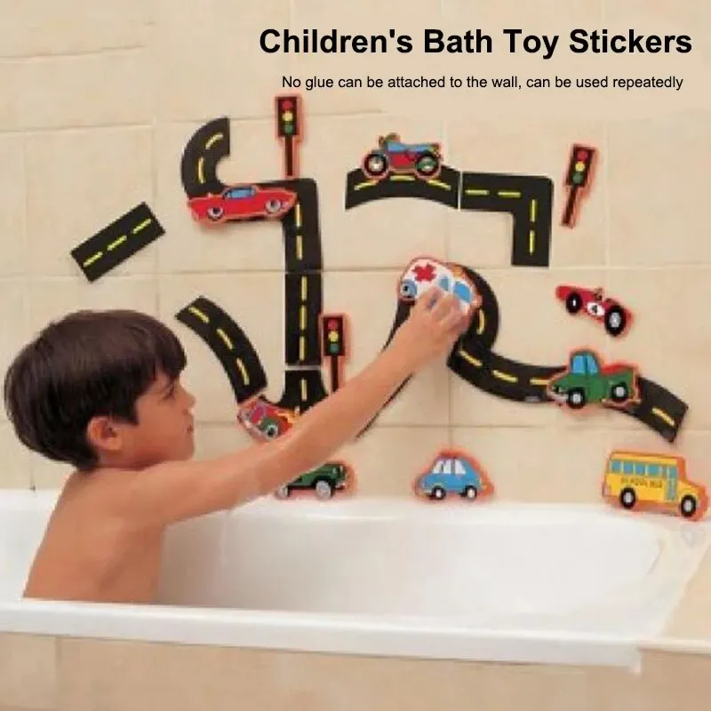 23 Pieces Bath Water Toy Sticky Wall City Traffic Car Road Rail Puzzle Vinyl 0-3Y 3-6Y 6-12Y 12+y 14+Y Bath Features