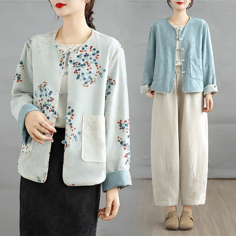 

Spring Autumn Loose Casual Embroidered Print ket round Ne Long Sve Open Cardigan Women Single Button Cotton irt