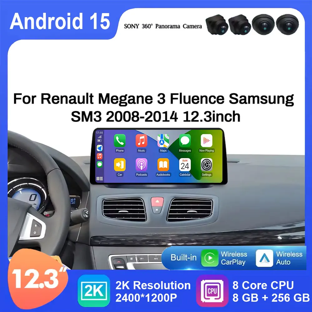 12,3 pulgadas para Renault Megane 3 Fluence Samsung SM3 2008 2009 2010-2014 Android 15 2K Multimedia inalámbrico AUTO CarPlay pantalla 4G
