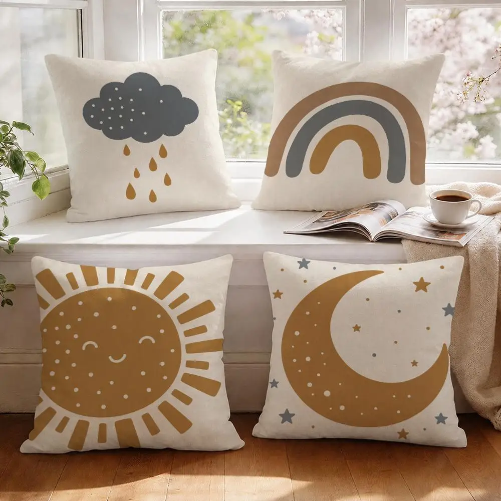 Weather Symbol Wall Art Cushion Cover 1/4Pcs Linen Throw Pillow Covers Double-Side Print Sofa Couch Living Room Decor