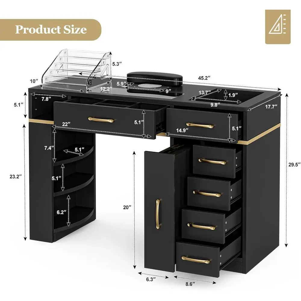 Professional Nail Technician Station with Electric Dust Collector, 7 Drawers, Shelves, Wrist Cushion, Acrylic Display Stand
