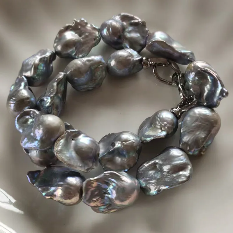 16 inches 15-25mm Silver Gray Natural Fireball Flame Large Baroque Pearls Loose Strand