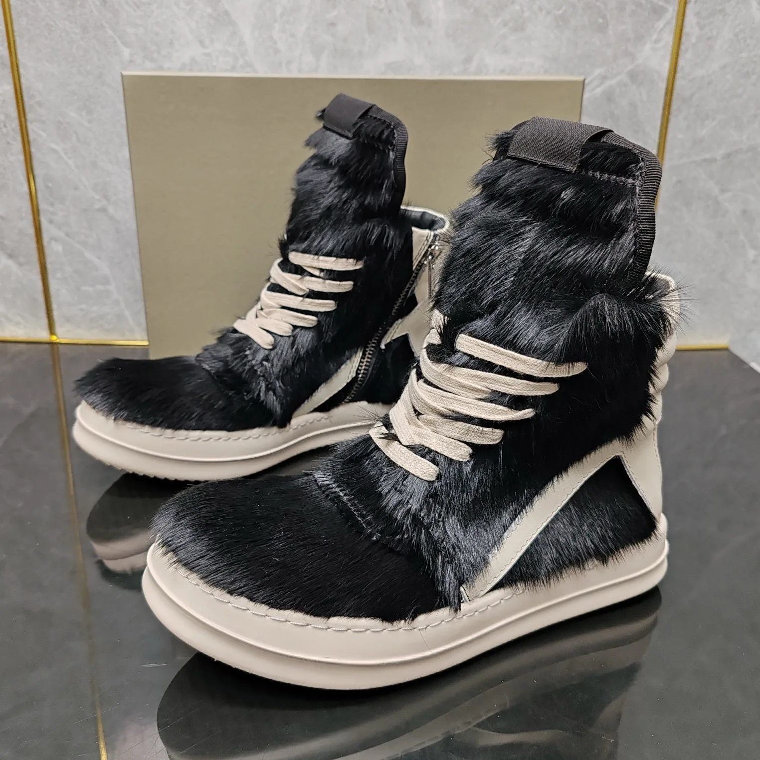 Round Owens black horse hair inverted triangle high-top zipper men's shoes Harajuku style couple shoes high-end customization.