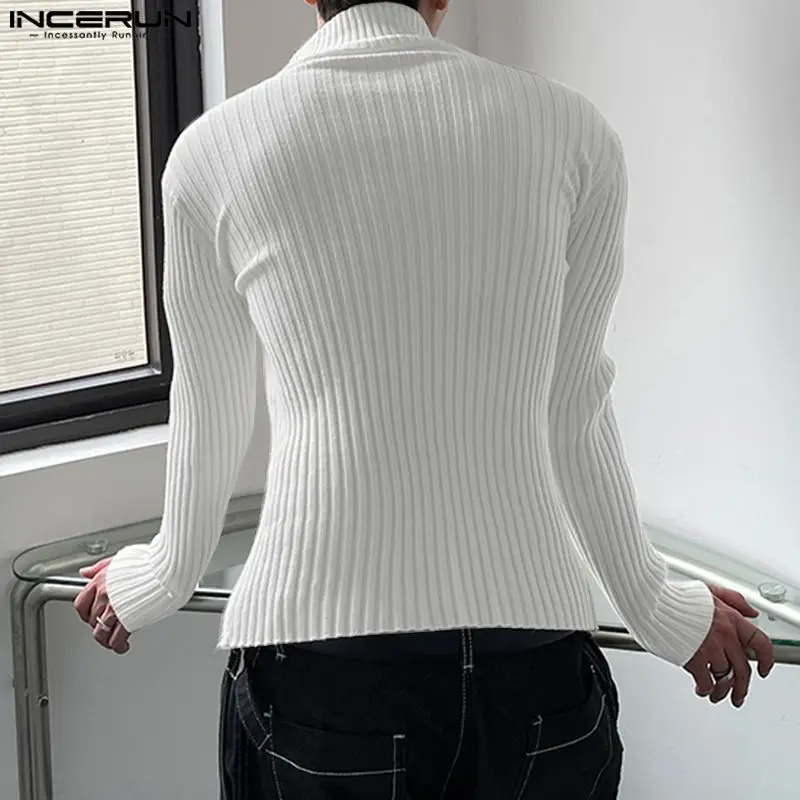 INCERUN 2023 Men T Shirts Solid Knitted Turtleneck Long Sleeve Zipper Casual Men Clothing Autumn Fashion Leisure Tee Tops S-5XL