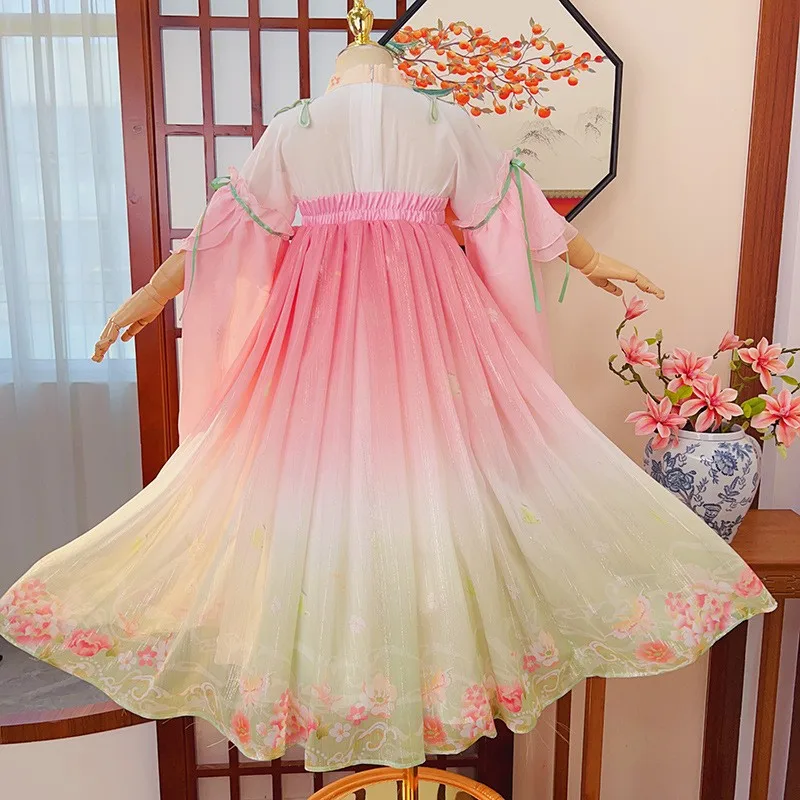 Chinese Kids Long Sleeve Dress Hanfu Lovely Girls Embroidery Dresses Traditional Folk Style Dance Perform Costumes Cosplay