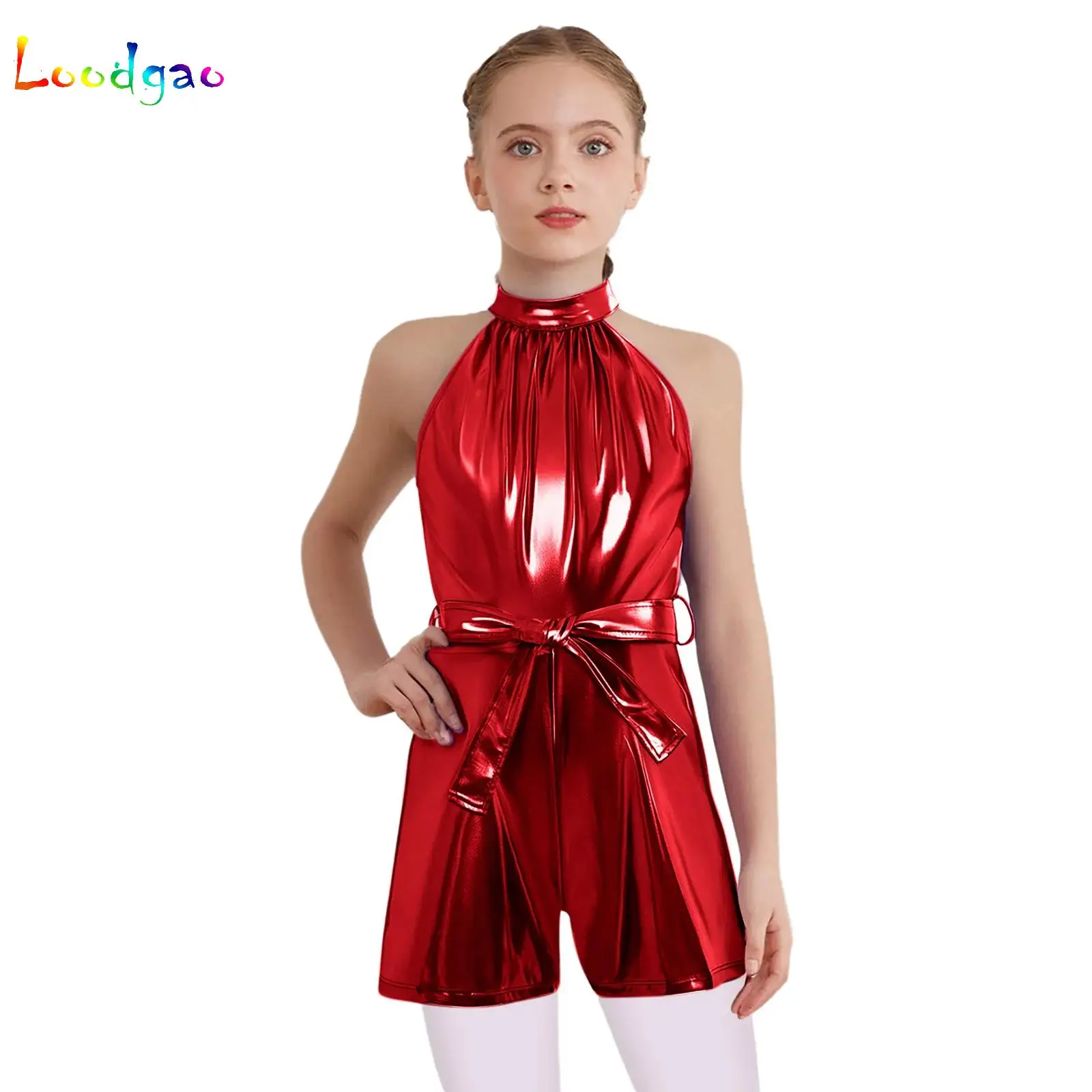 

Girls Halter Metallic Jumpsuits Shiny Rompers with Belt for Birthday Party Ballet Shorty Unitard Bodysuit Jazz Modern Dancewear