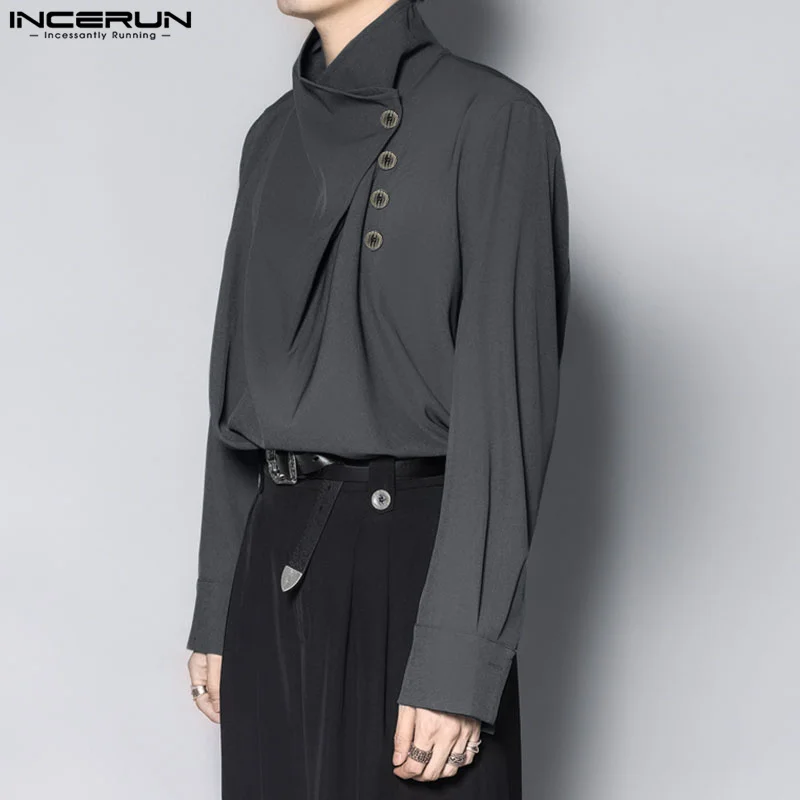 INCERUN Men Irregular Shirt Solid Color Stand Collar Long Sleeve Loose Men Clothing Streetwear 2024 Fashion Casual Shirts S-5XL