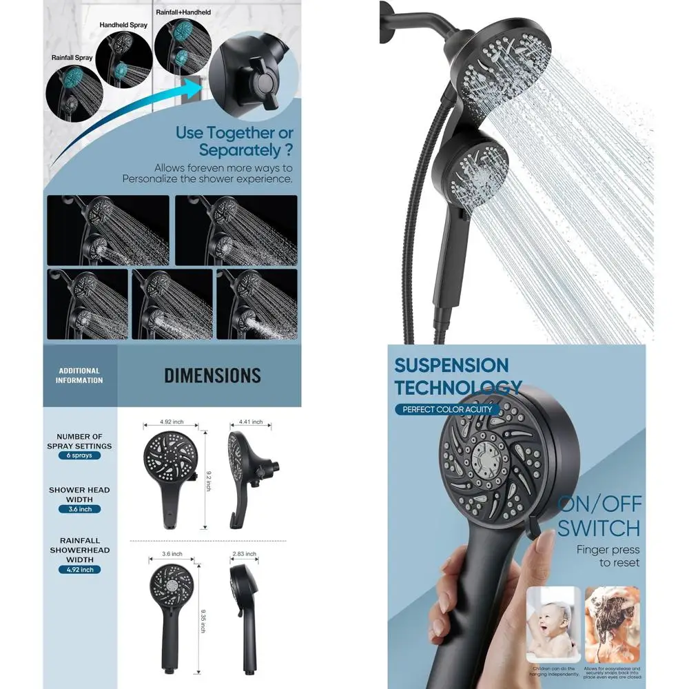 

3-Way High-Pressure Shower System with Handheld and Rainfall Modes, Dual Function Showerhead, Black