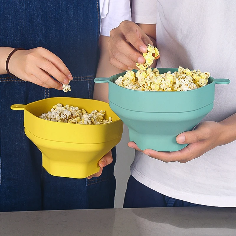 Mangkuk Popcorn Microwave silikon, alat panggang dapur Popcorn dapat dilipat dengan tutup