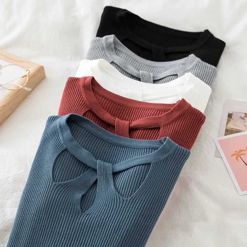 

Sexy Hollow-out Knitted Women Sweater Ribbed Autumn Winter Basic Sweaters Female Slim Fit Pullovers Soft Warm Tops