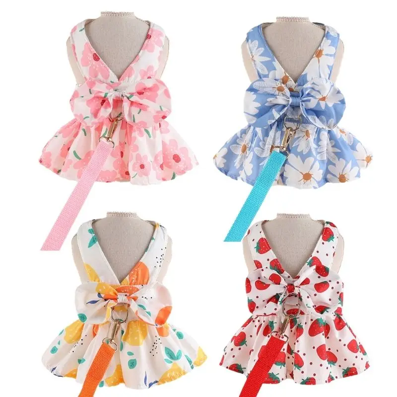 Summer Floral Dog Dress with Ring leash Princess Dress Pet Clothes for Small Dogs Thin Wedding Dresses Puppy Skirt for Chihuahua