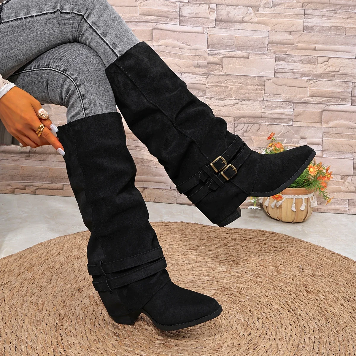 Spring Autumn New Retro Round Toe Women's Knee High Boots 2026 Fashion Buckle Decor Simple Casual Daily Outdoor Women Shoes
