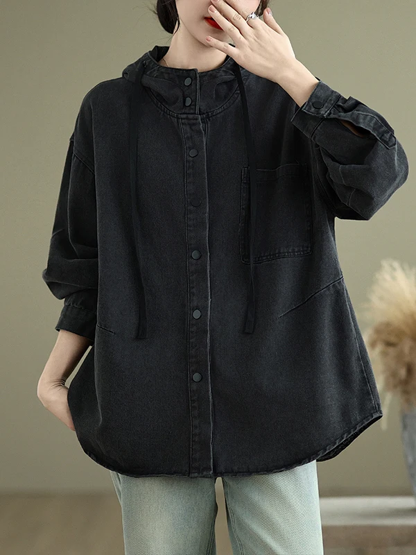 여성용 패셔너블 캐주얼 후드 데님 재킷 디자인 루즈 슬림핏 탑 빈티지 스타일 긴 소매 버튼 클로저 가디건