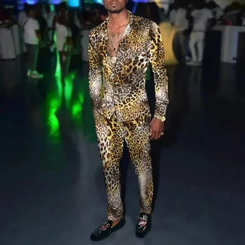Conjunto de camisa e calça manga comprida masculina, estilo estampa 3D, estampa leopardo, com botões, moda luxuosa, roupa de festa