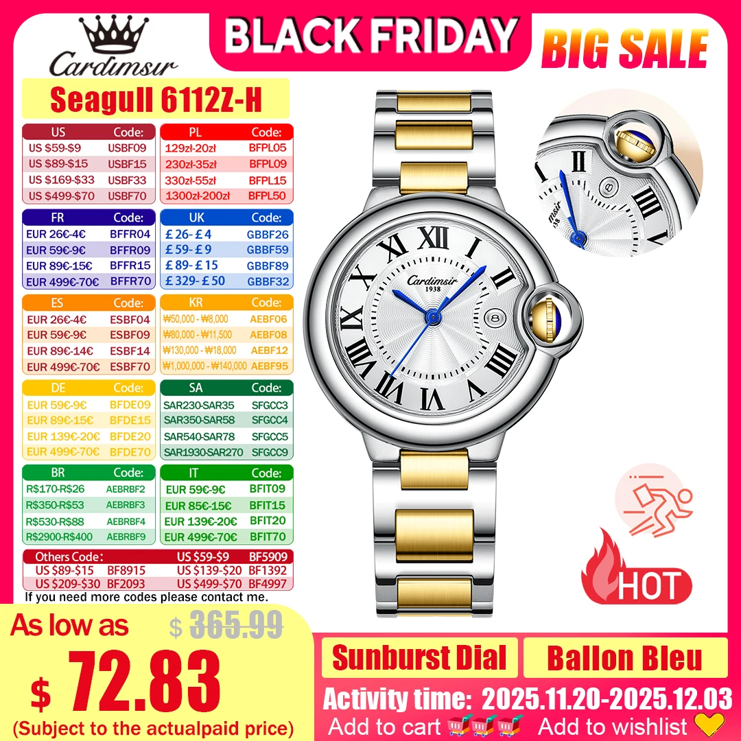 

CARDIMSIR Ballon Bleu Automatic Watches for Women 33mm sSun-patterned Dial Sapphire Crystal 5 ATM Date Luxury Wrist Watch Gifts