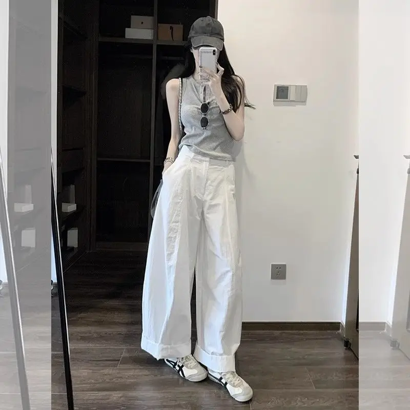 Chaleco ajustado sin mangas gris informal para mujer, pantalones de pierna ancha blancos, conjunto de 1 o dos piezas, camisetas sin mangas sólidas básicas de verano 2025, traje de pantalones