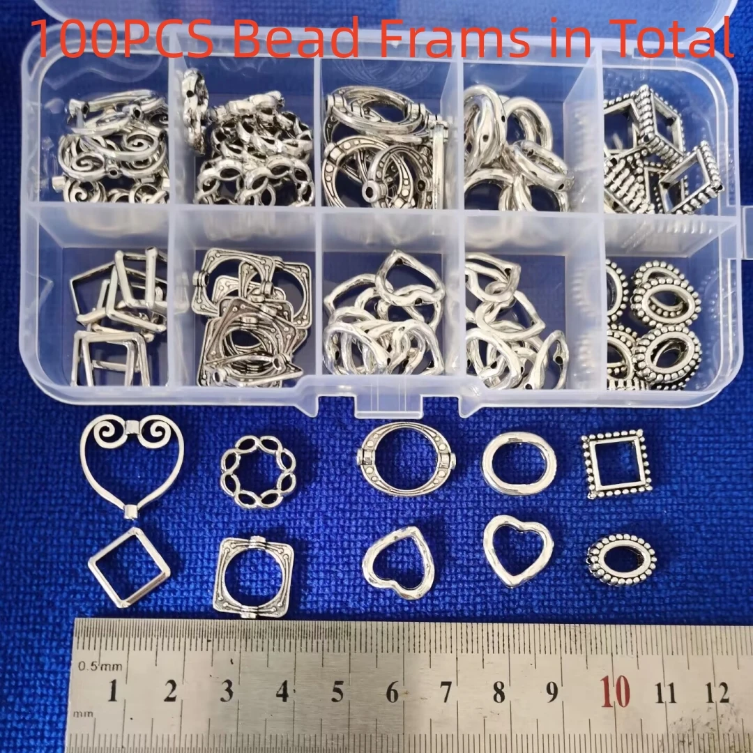 100PCS Antiqued Silver Metal Bead Frames for Jewelry Making in Storage Box