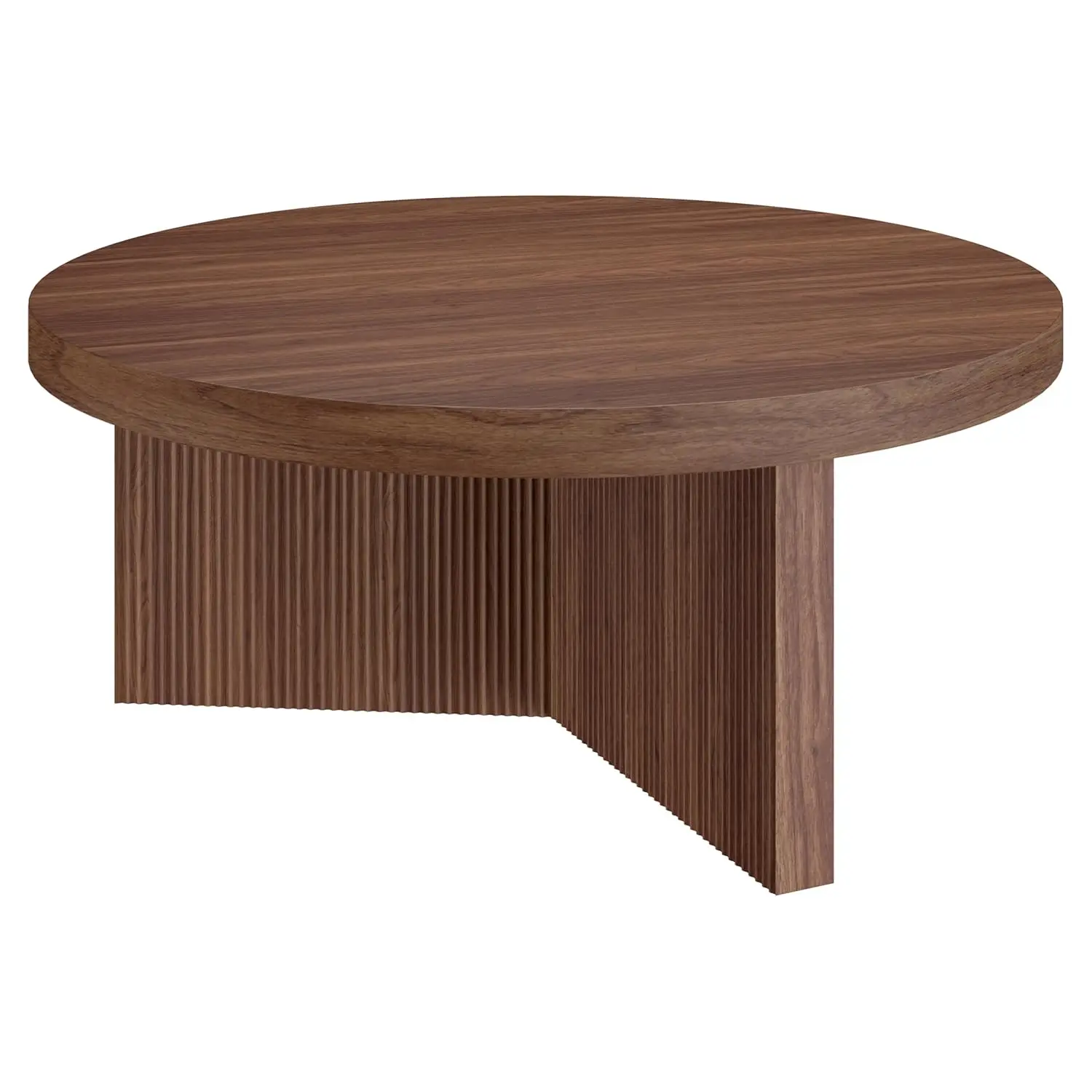 36" Fluted Round Low-Profile Coffee Table With Ribbed Pedestal Base Living Room, Family Room, Or Office, Satin Walnut