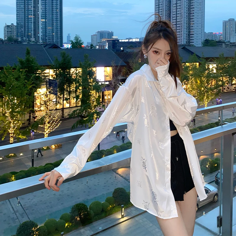 

Повседневная женская рубашка из шелка с принтом, тонкая верхняя одежда, весна-лето, свободный крой, защита от солнца, на пуговицах, с длинным рукавом