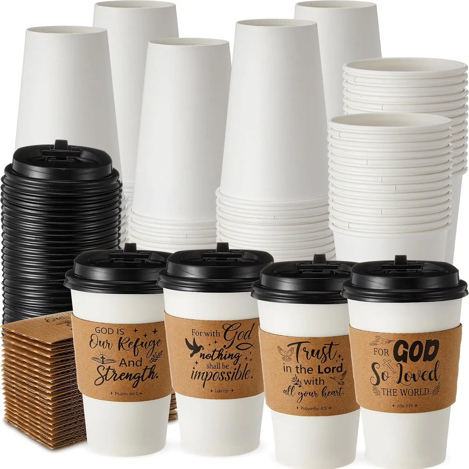 

48 Sets 16oz Inspirational Christian Bible Verse Coffee Cups with Lids and Sleeves Religious Christian Paper Hot Coffee