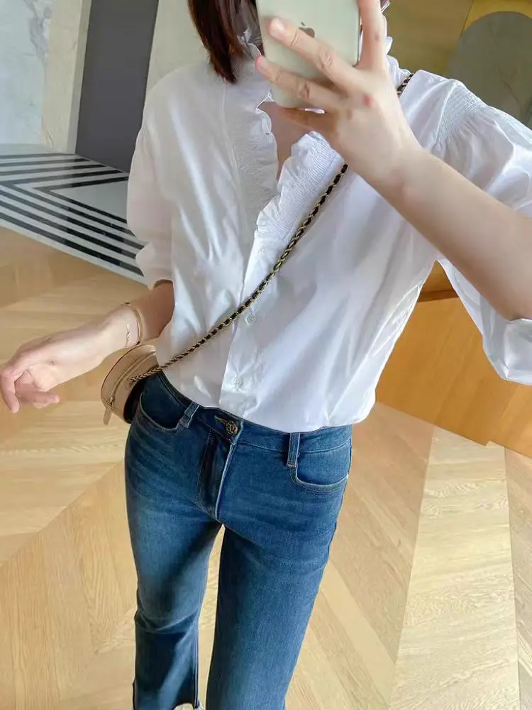 French style S Home new elegant temperament lace stand collar loose single breasted bubble sleeves white shirt for women