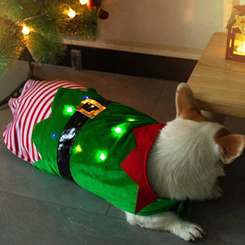 Pet Christmas Outfit Elf Costume Stripe Vest with Light Cosplay Clothes for Dog Cat Party Decoration Supplies