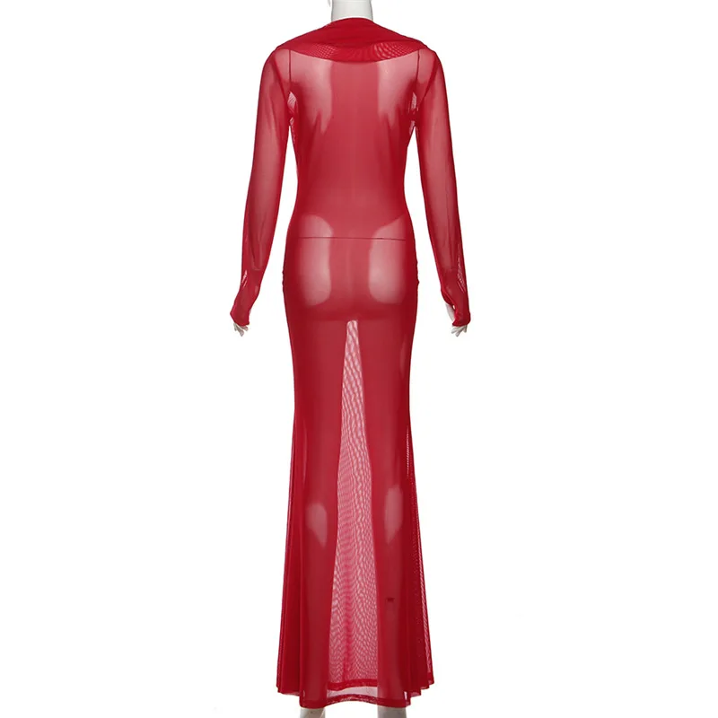 فستان نسائي أنيق مثير شفاف من خلال شبكة Bodycon فستان ماكسي للحفلات مكشكش وياقة متأرجحة وأكمام طويلة نحيفة لأعياد الميلاد رداء طويل للنوادي #4