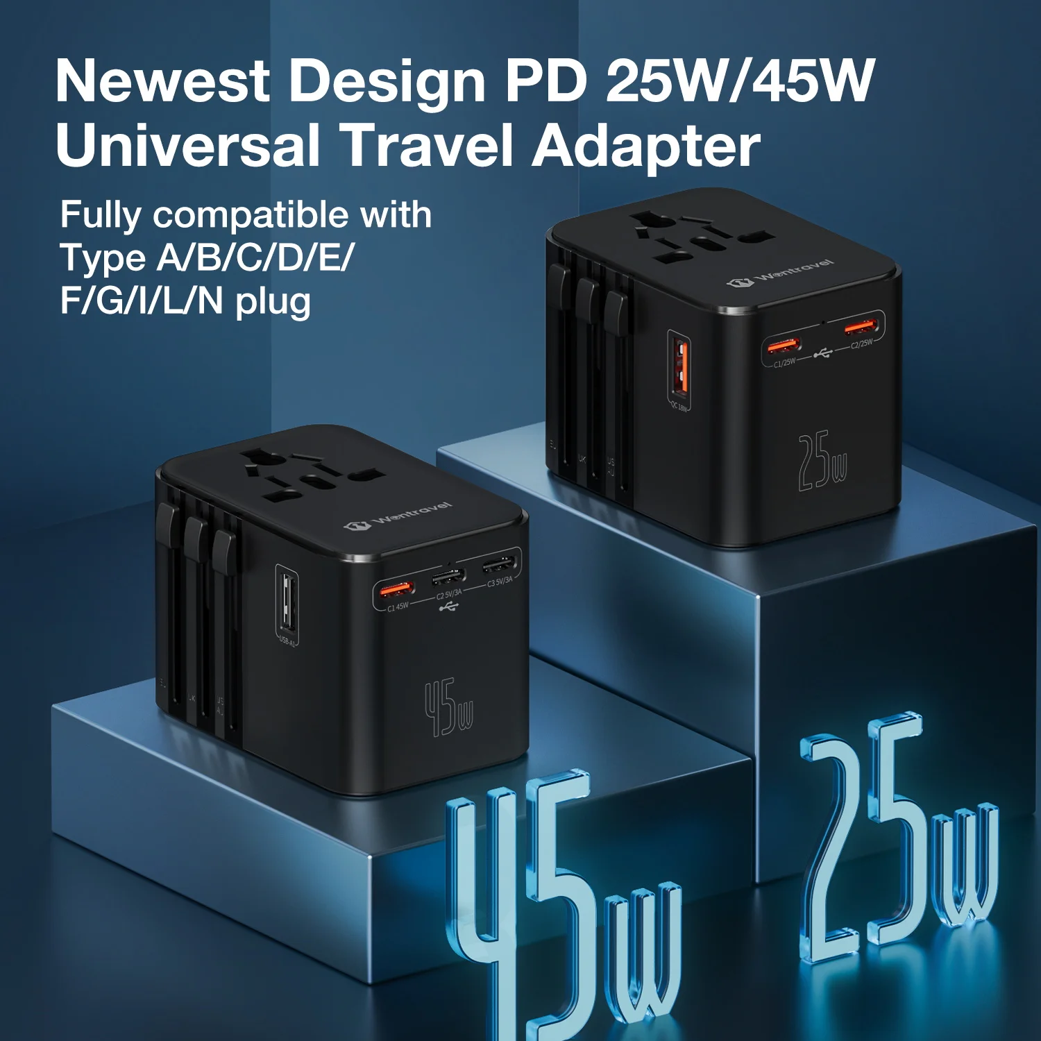 PD 25W Universal Travel Adapter with 4 AC Outlets 1 USB Port 2 Type-C All-in-one Fast Power Charge On EU UK US AUS Plug Charging