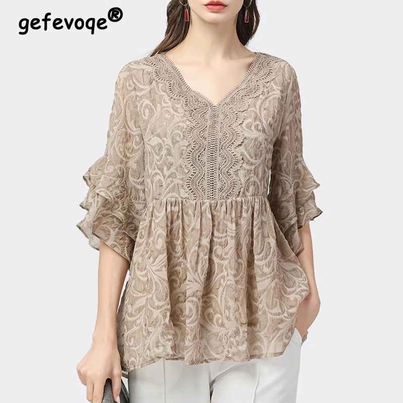 Women Ruffle Lace Patchwork Vintage Elegant Blouse Fashion Print Asymmetrical Loose Shirts Half Sleeve Tunic Tops Female Blusas