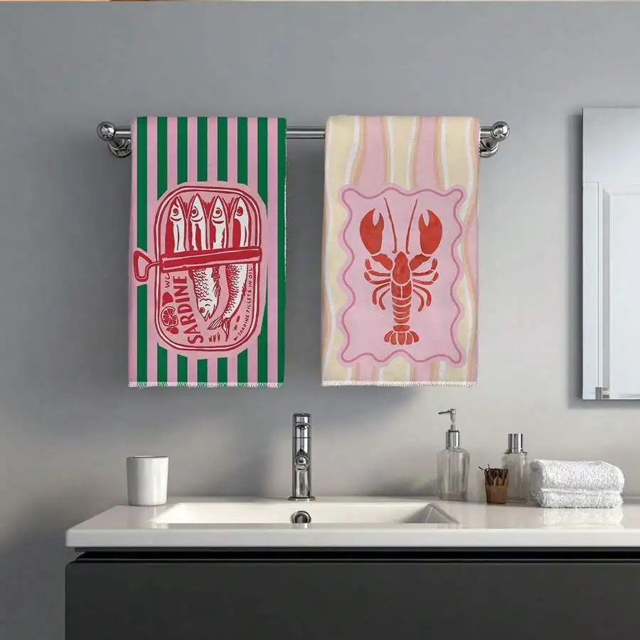 2Pcs, Pink and Green Striped Shrimp and Fish Kitchen Towels, 40Cm*60Cm Towel Set, Best Kitchen Towels, Super Absorbent Soft Cleaning Cloth, Essential for Cooking, Baking, and Tea, a Must-Have in the Kitchen and Home