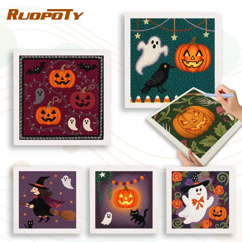 RUOPOTY Witch Punch Needle Kit Living Room Decoration Craft Supplies Halloween Punch Needle Supplies Wall Art For Adults Beginne