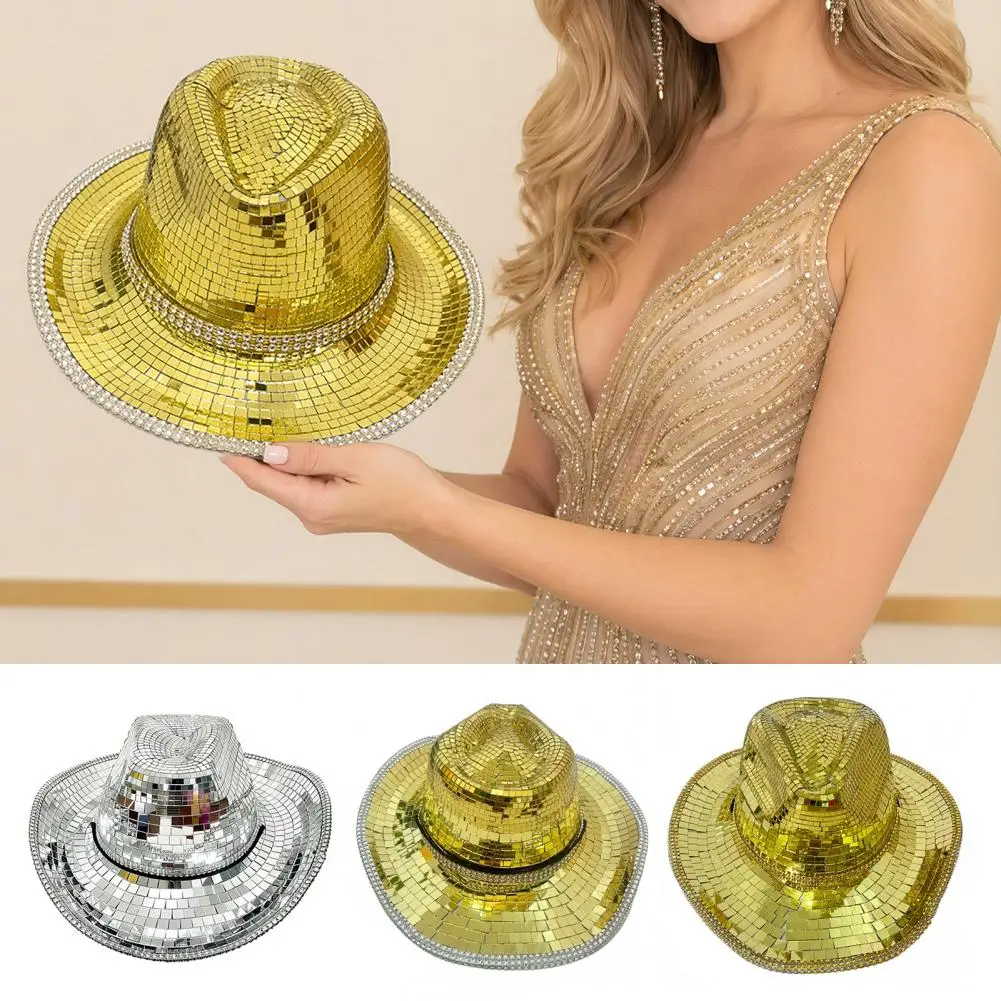 Concave Top Cowboy Hat for Men Women Durable Disco Hat Sparkly Silver Disco Mirror Hat for Festivals Party Disco Accessory