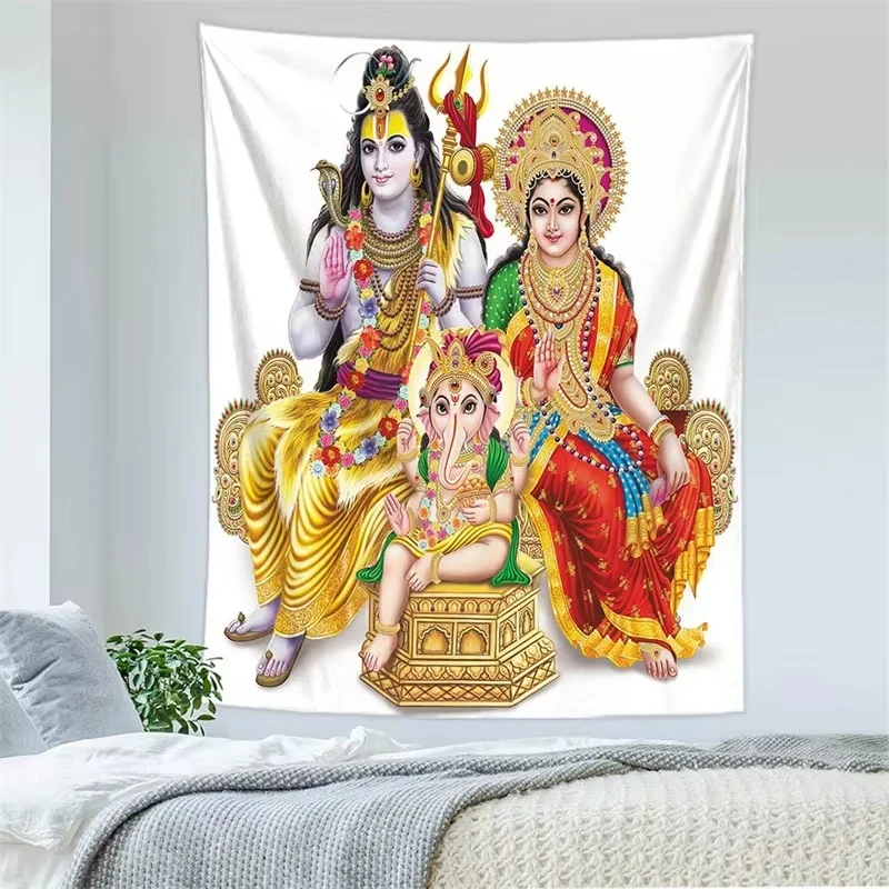 VIKAMA Shiva Tapestry, Ganesha and Parvati Indian Deity Polyester Wall Hanging, Meditation Room & Bedroom Indian Home Wall Decor