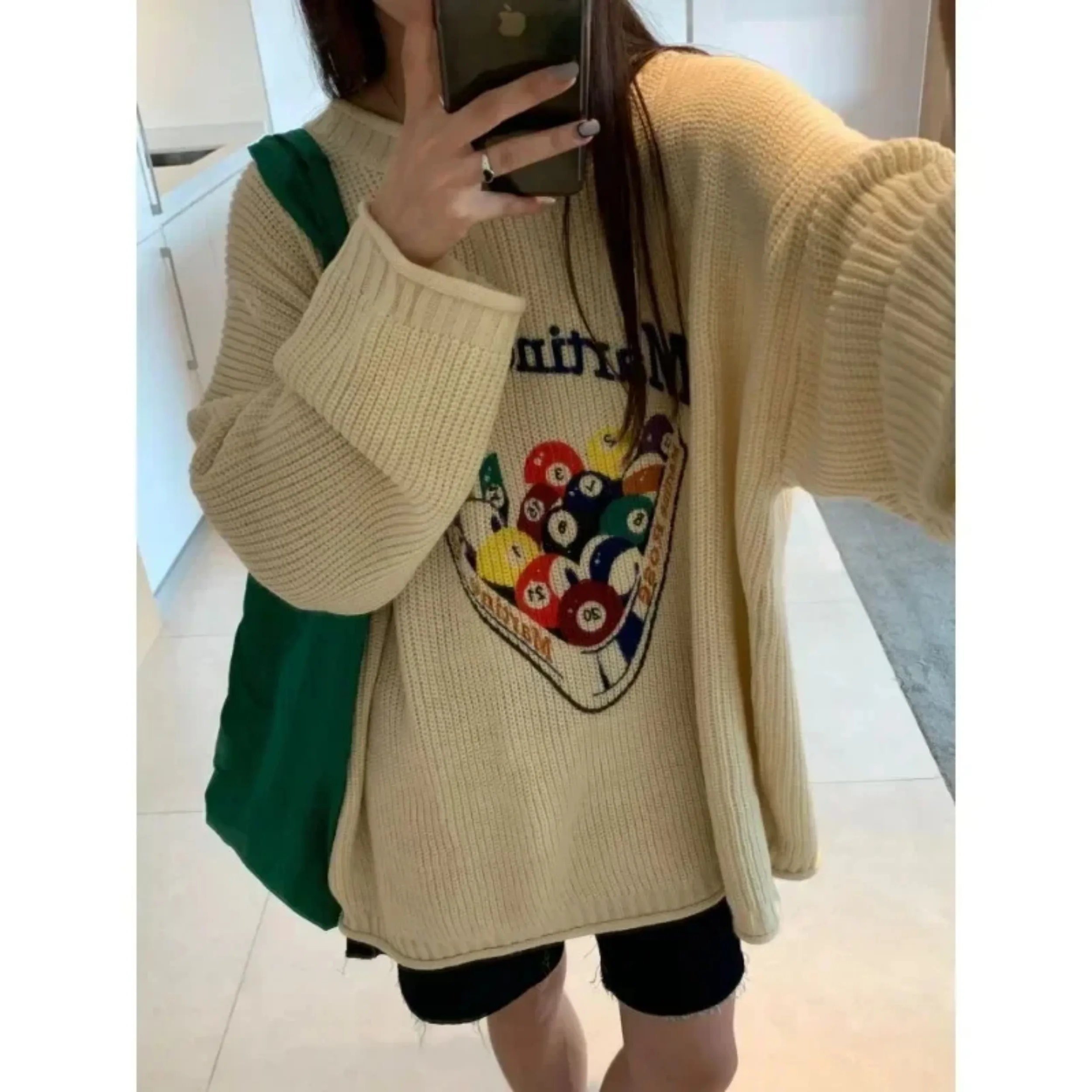 

Casual Sweater Women's Pullover Loose Vintage Cartoon O-neck Cute Jacket Graffiti Billiard Knitted Pattern Fall Clothes