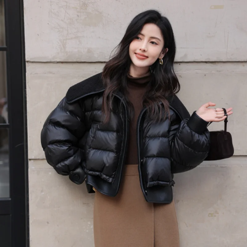 Down Jacket with Lamb Hair Lapel for Women, Female Jackets, Korean Fashion, Casual, High Street Coats, Down, Patchwork, Winter