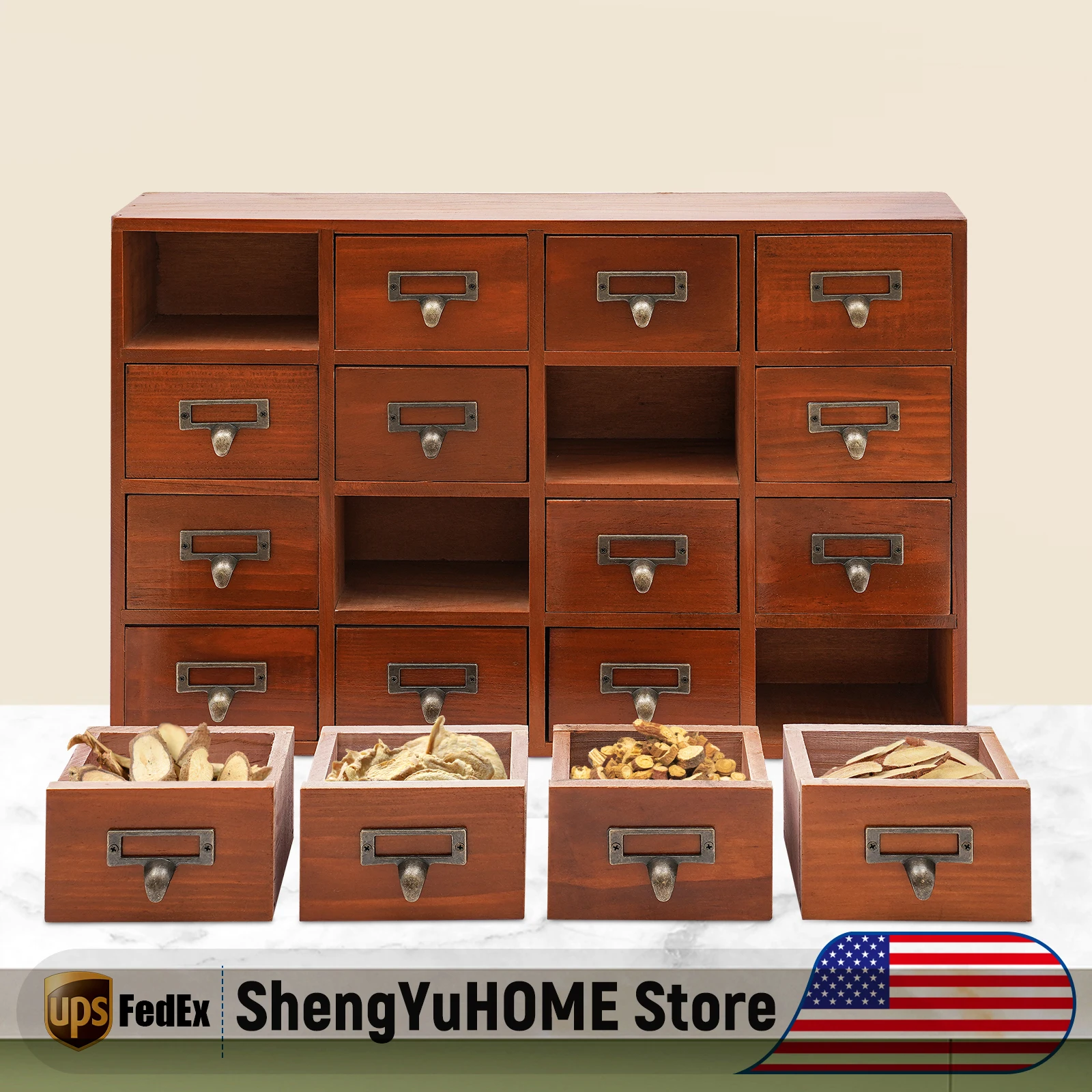 

Drawer Storage Box, Desk Apothecary Cabinet Organizer, 16 Compartment Vintage Style Storage Box (2 Pcs), for Makeup, Jewelry