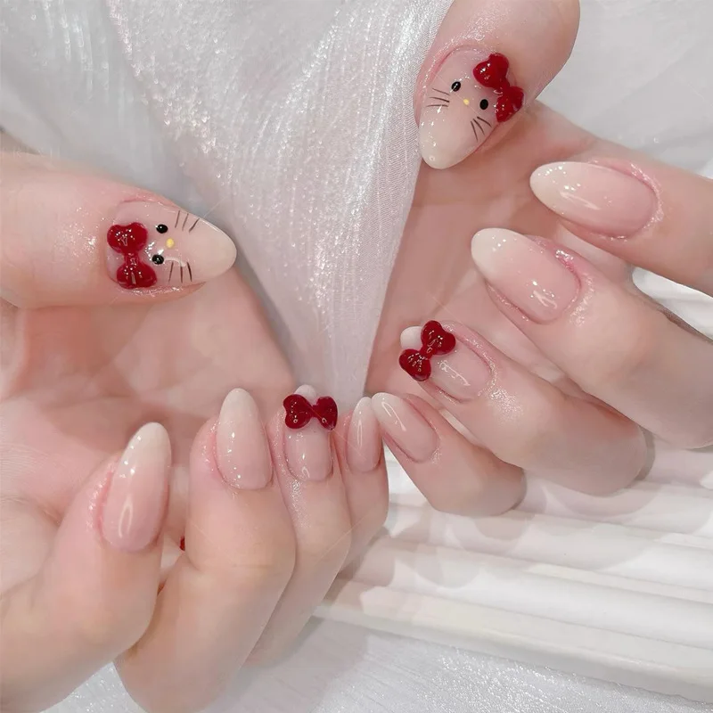 Lindo lazo rojo corto ovalado prensa 30 Uds en la uña con gato de dibujos animados uñas postizas francesas brillantes para niñas herramientas de uñas Ins usables