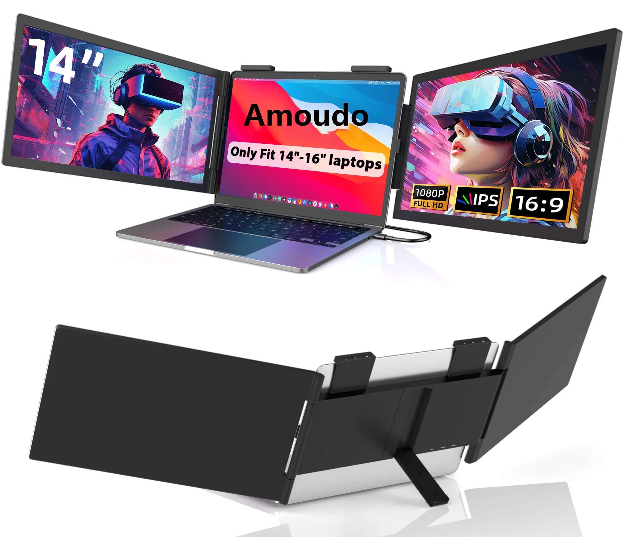 Amoudo 14 Inch Dual Laptop Monitor 1920*1080P IPS Portable Triple Monitor with USB-C Port for 14-16.5" Laptops Windows/Mac Xbox