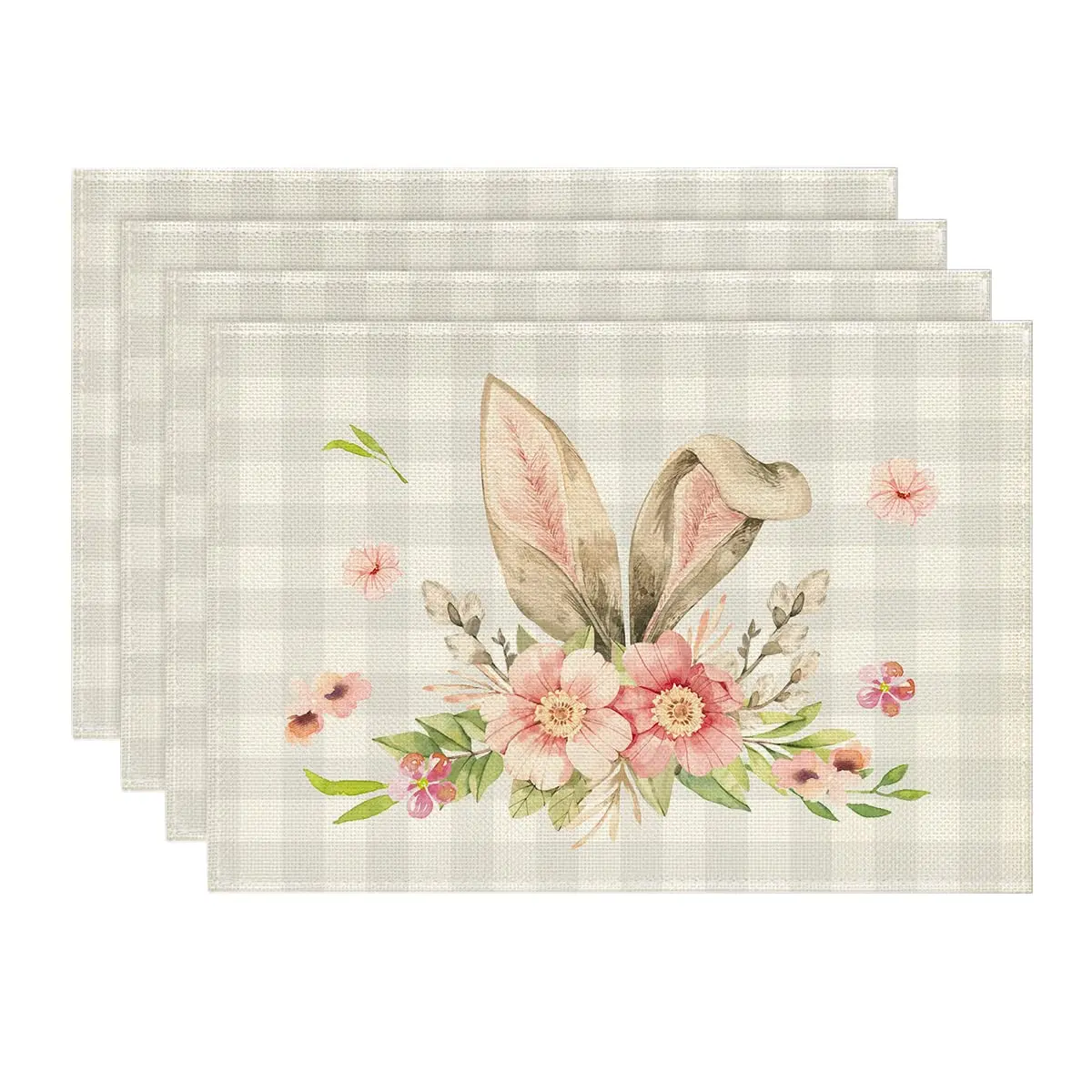 Rustic Vintage Washable Table Mats Set, Easter Placemats, Buffalo Plaid, Bunny, Rabbit Ears, Flower, Dining Table,12x18